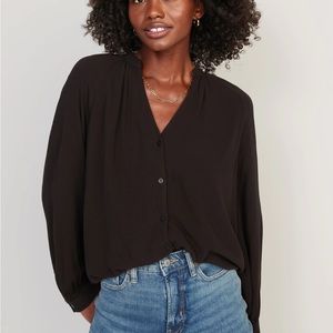 Old Navy Split-Neck Long-Sleeve Button-Front Blouse for Women “Black Jack” color